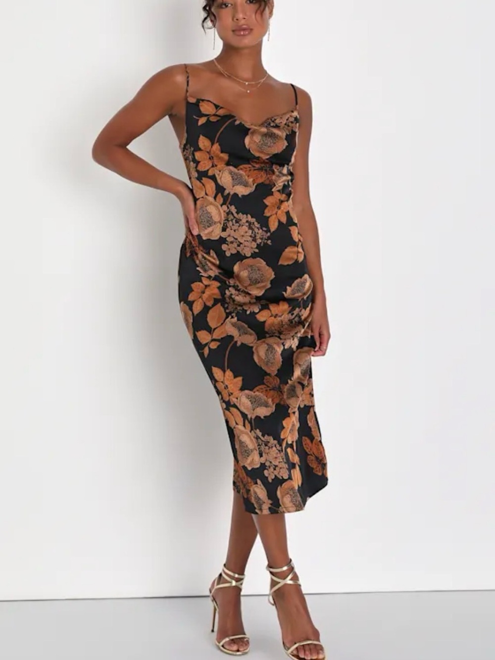 Lulu's Black Midi Slip Dress with Bronze Floral Motif